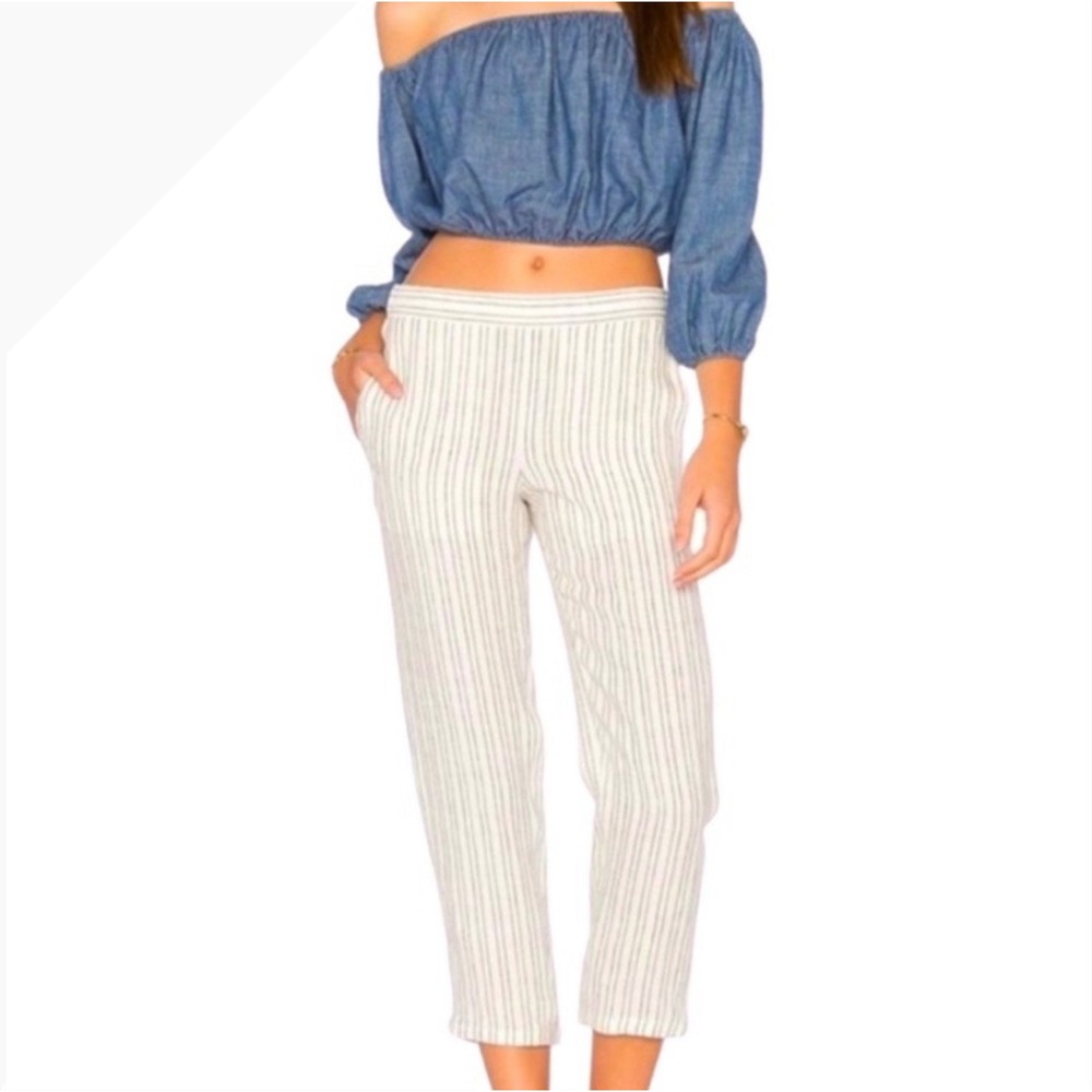 Theory Thorina Narrow Stripe Linen Cropped Pull On Pants White Blue Size 10